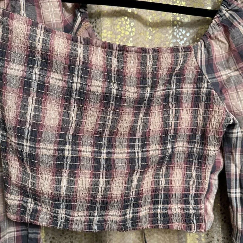 Aeropostale Maroon Tan Long Sleeve Plaid Double-Keyhole Crop Top L NWT
